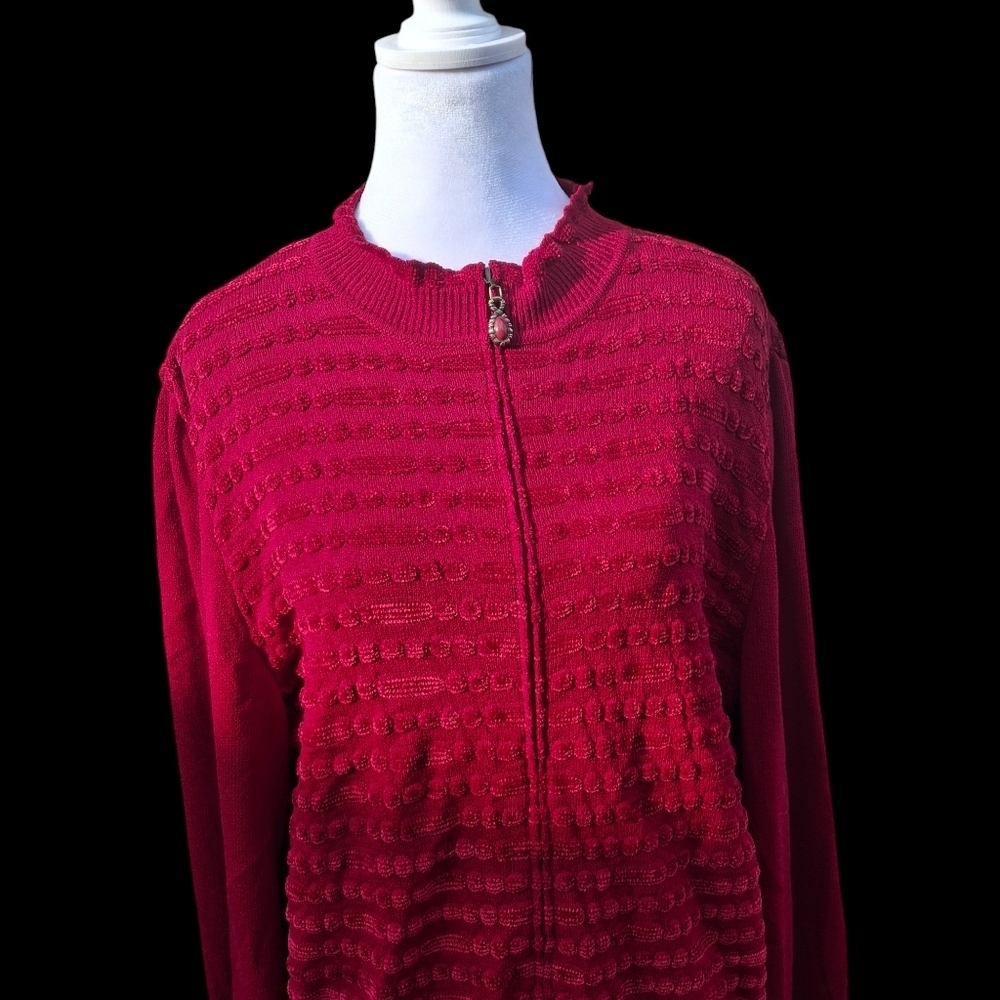 St. John Collection Red Knit Full Zip Long Sleeve Cardigan Sweater Women Size 14 - Picture 10 of 16